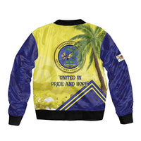 Unisex bomber jacket, blue and yellow, back graphic with crest and 'UNITED IN PRIDE AND HOPE'