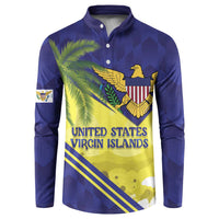 Blue button sweatshirt with palm tree graphic and 'UNITED STATES VIRGIN ISLANDS' text