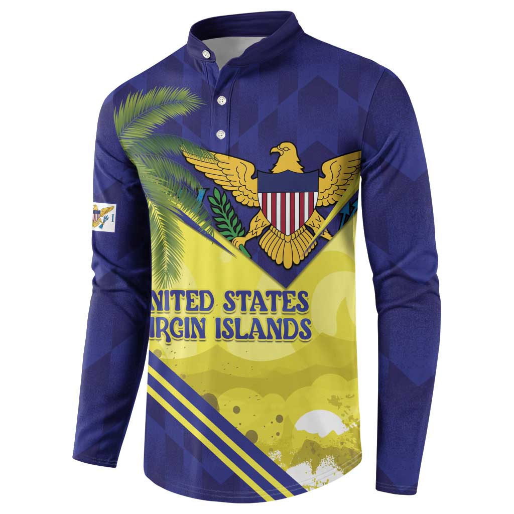 Navy button sweatshirt with crest, palm leaves, and 'UNITED STATES VIRGIN ISLANDS' text