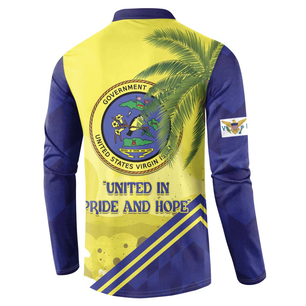 Blue and yellow button sweatshirt with government seal and 'UNITED IN PRIDE AND HOPE' text