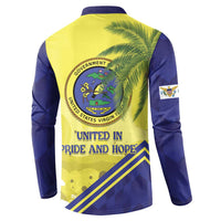 Blue and yellow button sweatshirt with government seal and 'UNITED IN PRIDE AND HOPE' text