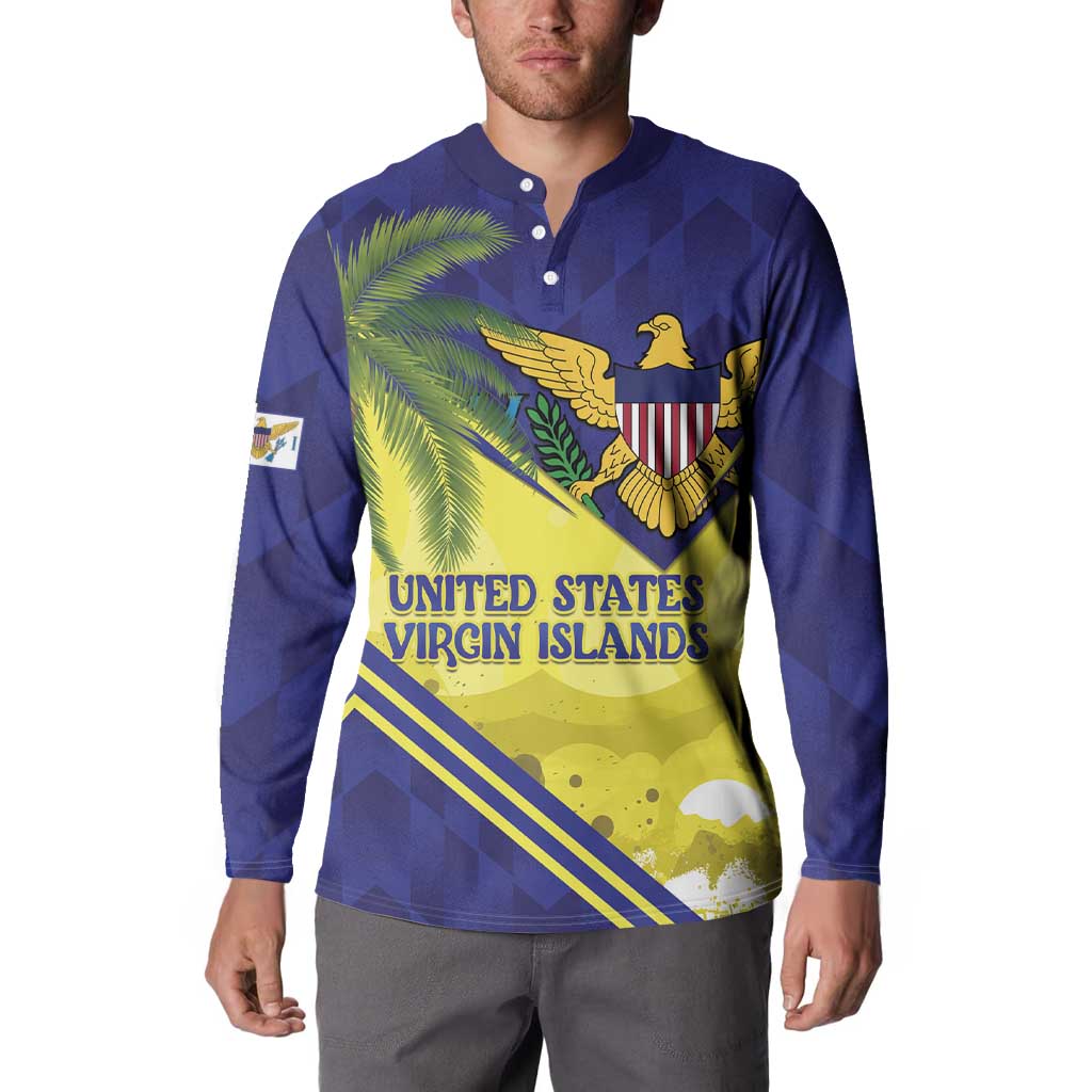 Blue button sweatshirt featuring crest, palm graphic, and 'UNITED STATES VIRGIN ISLANDS' text
