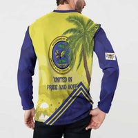 Blue and yellow button sweatshirt with government seal, 'UNITED IN PRIDE AND HOPE' text