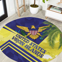 Round blue and yellow carpet with eagle and palm leaves; 'UNITED STATES VIRGIN ISLANDS'.