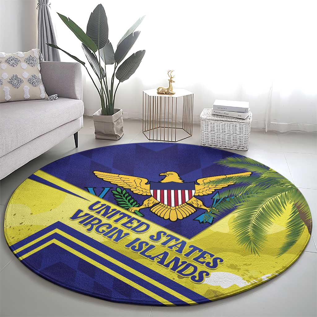 Round blue and yellow rug featuring a central eagle crest, palm leaves, and 'UNITED STATES VIRGIN ISLANDS'.