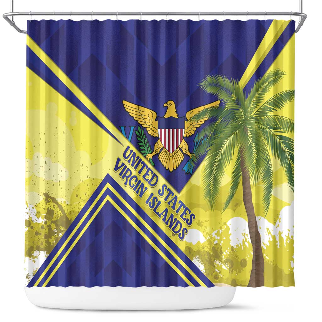 US Virgin Islands shower curtain with blue and yellow stripes, palm trees, crest text