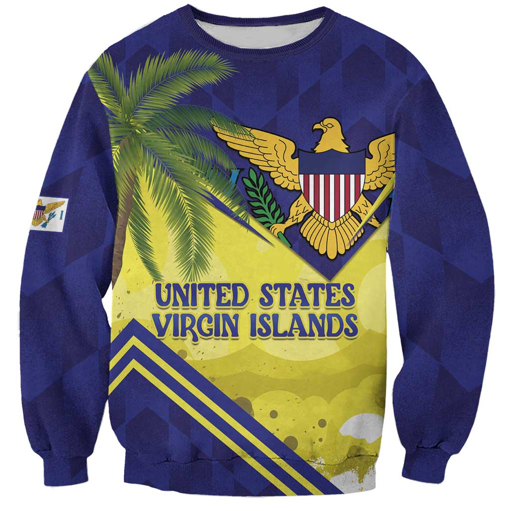 Unisex navy sweatshirt with palm and eagle crest front graphic, US Virgin Islands text
