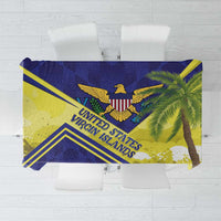 Blue, yellow, and green Pride tablecloth with palm leaves and eagle graphic
