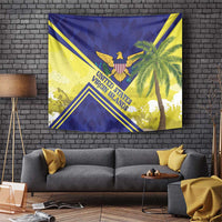 Blue and yellow United Virgin Islands tapestry wall hanging with eagle crest and palm tree
