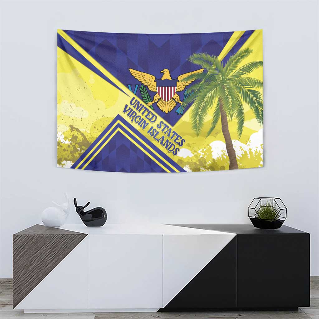 Tropical blue-and-yellow wall tapestry with eagle emblem, palm silhouette, and centered text