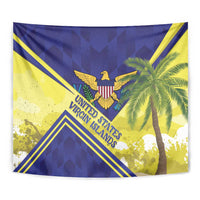 Close-up blue-and-yellow wall tapestry with eagle crest, palm tree, and striped corner accents