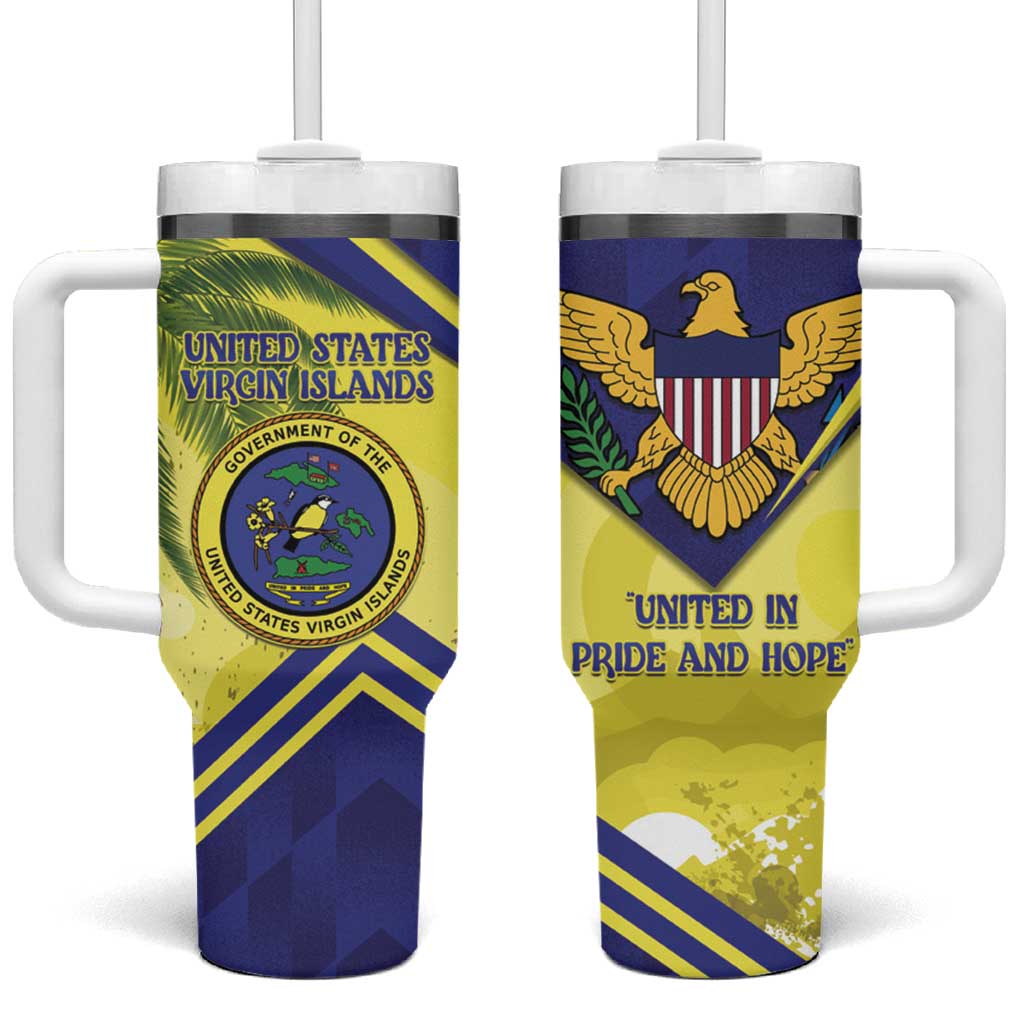 Pair of blue tumblers with handles and straws; Virgin Islands seal and Pride eagle