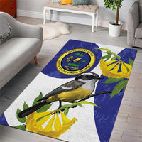 Blue area rug with perched bird, yellow blossoms, and US Virgin Islands seal