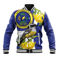 Blue unisex baseball jacket with yellow flowers, green leaves, and bird patch on front