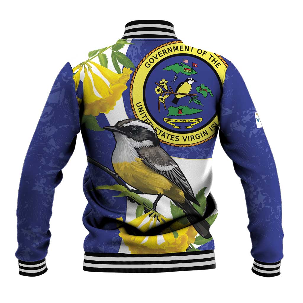Blue unisex baseball jacket with large back bird graphic, yellow flowers, green leaves