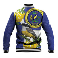 Blue unisex baseball jacket with large back bird graphic, yellow flowers, green leaves