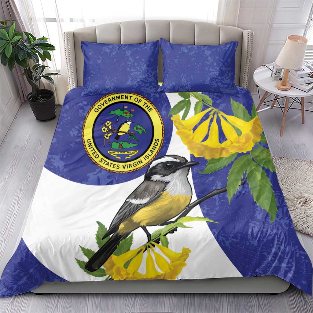 Bird and seal bedding set in blue with yellow flowers; two matching blue pillowcases