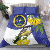 Bird and seal bedding set in blue with yellow flowers; two matching blue pillowcases