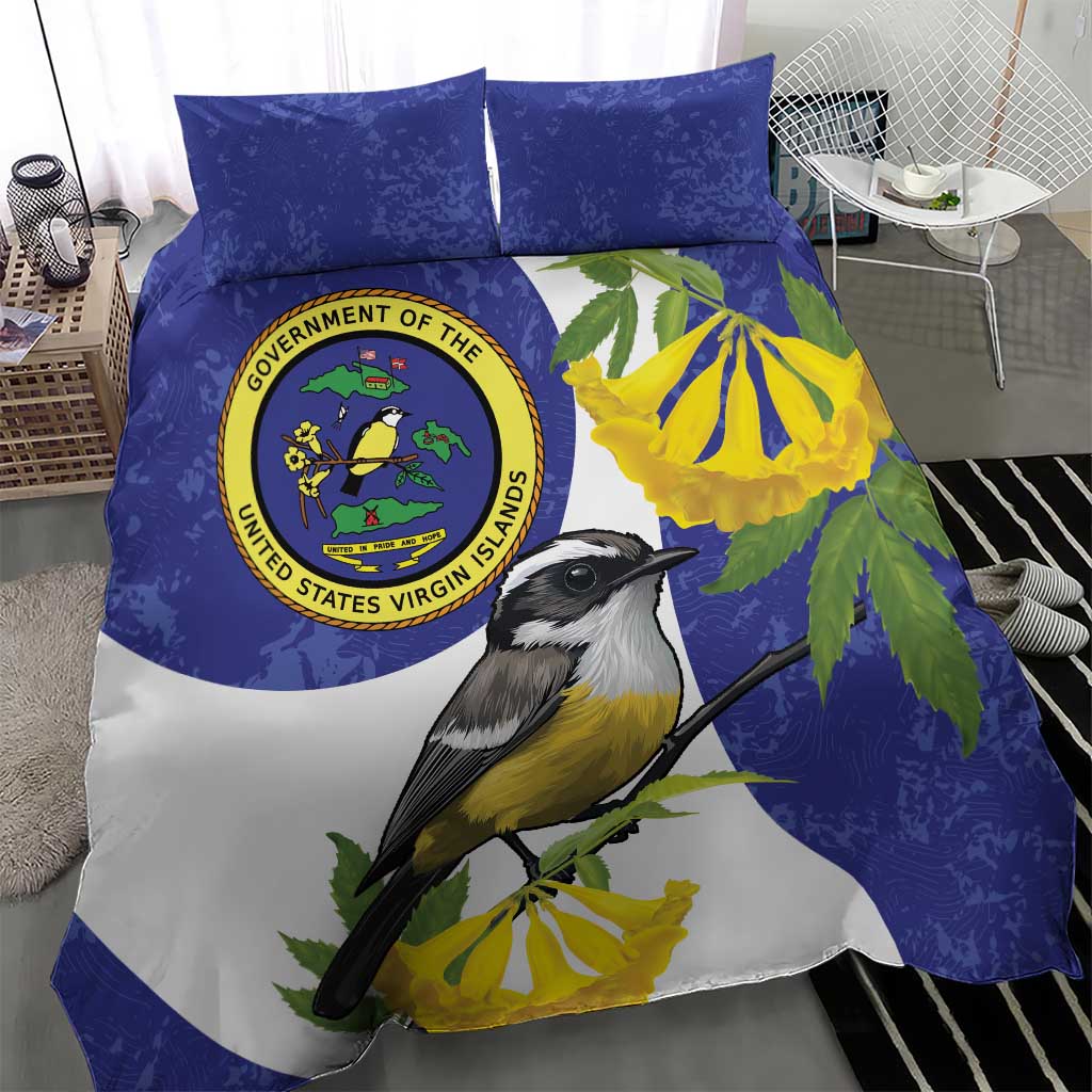 Blue duvet and pillowcases with black-and-yellow bird and circular seal logo