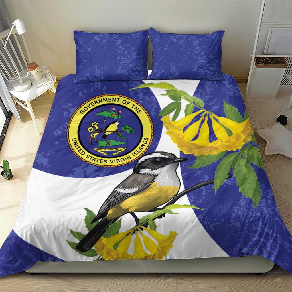 Blue bird-themed bedding set with circular seal logo and yellow flowers; two pillowcases