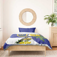 Blue and white bird bedding set with yellow flowers and seal logo; one pillowcase