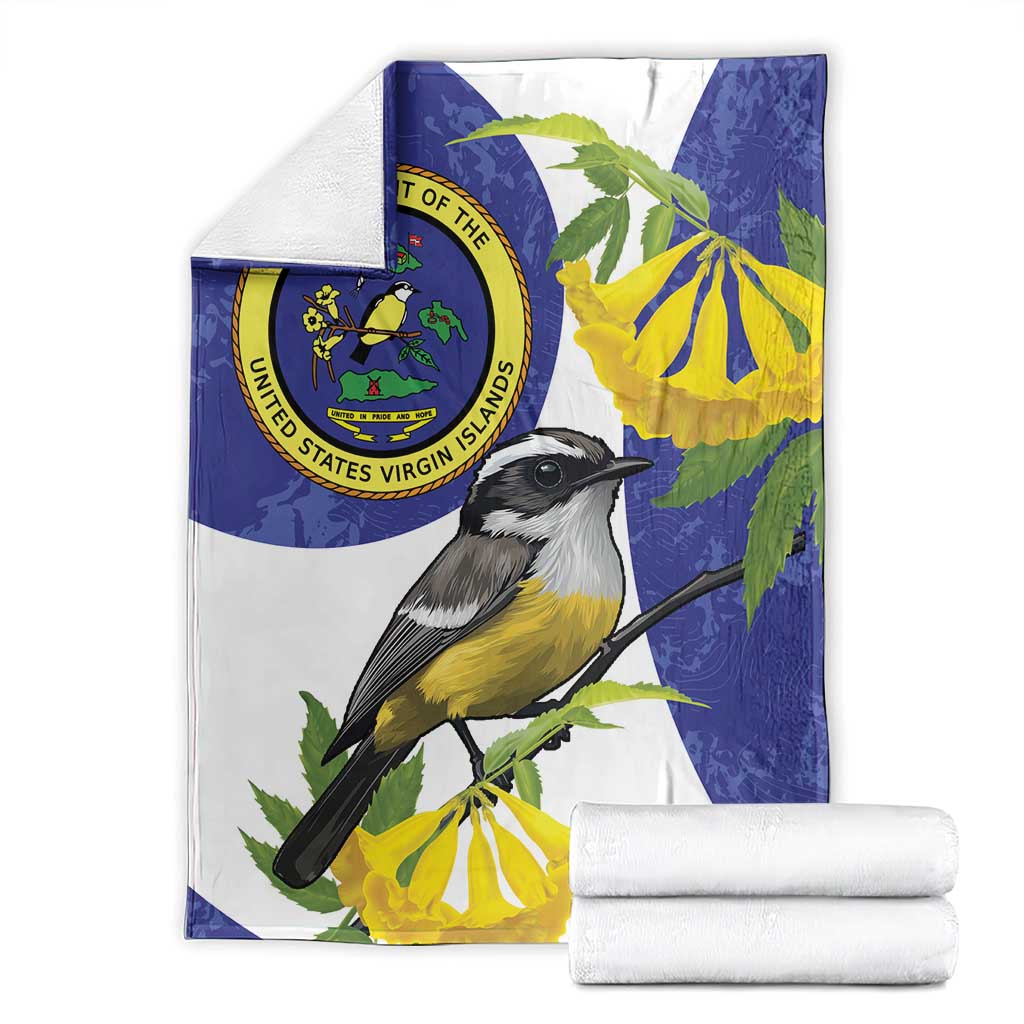 Blue and white bird print blanket with Virgin Islands seal, yellow bird and flowers