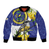 Unisex blue and white bomber jacket with bird and tropical flower graphic, zip front