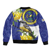 Unisex blue and white bomber jacket with bird graphic and circular island emblem on back