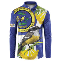 Blue button-front sweatshirt with bird graphic, seal emblem, and yellow flowers