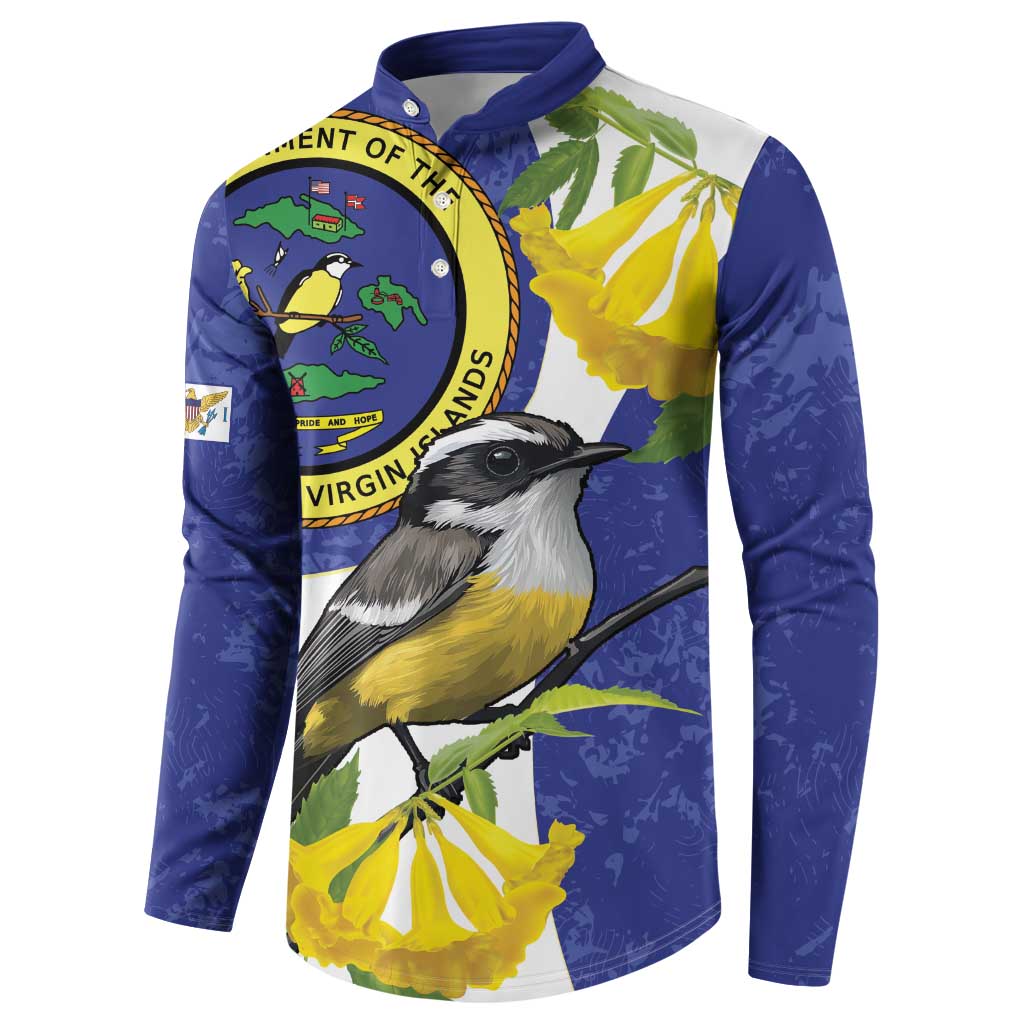 Blue button-front sweatshirt front view with bird illustration, seal patch, and foliage