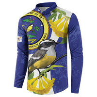 Blue button-front sweatshirt front view with bird illustration, seal patch, and foliage