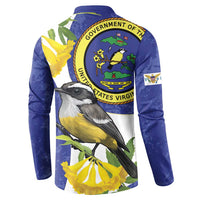 Blue button-front sweatshirt with back seal emblem and bird over yellow blossoms