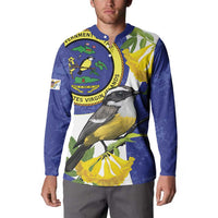 Blue button-front sweatshirt worn by model, bird print and circular seal on front