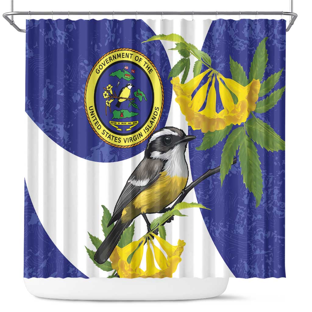 US Virgin Islands shower curtain: blue emblem, black/white bird, yellow flowers