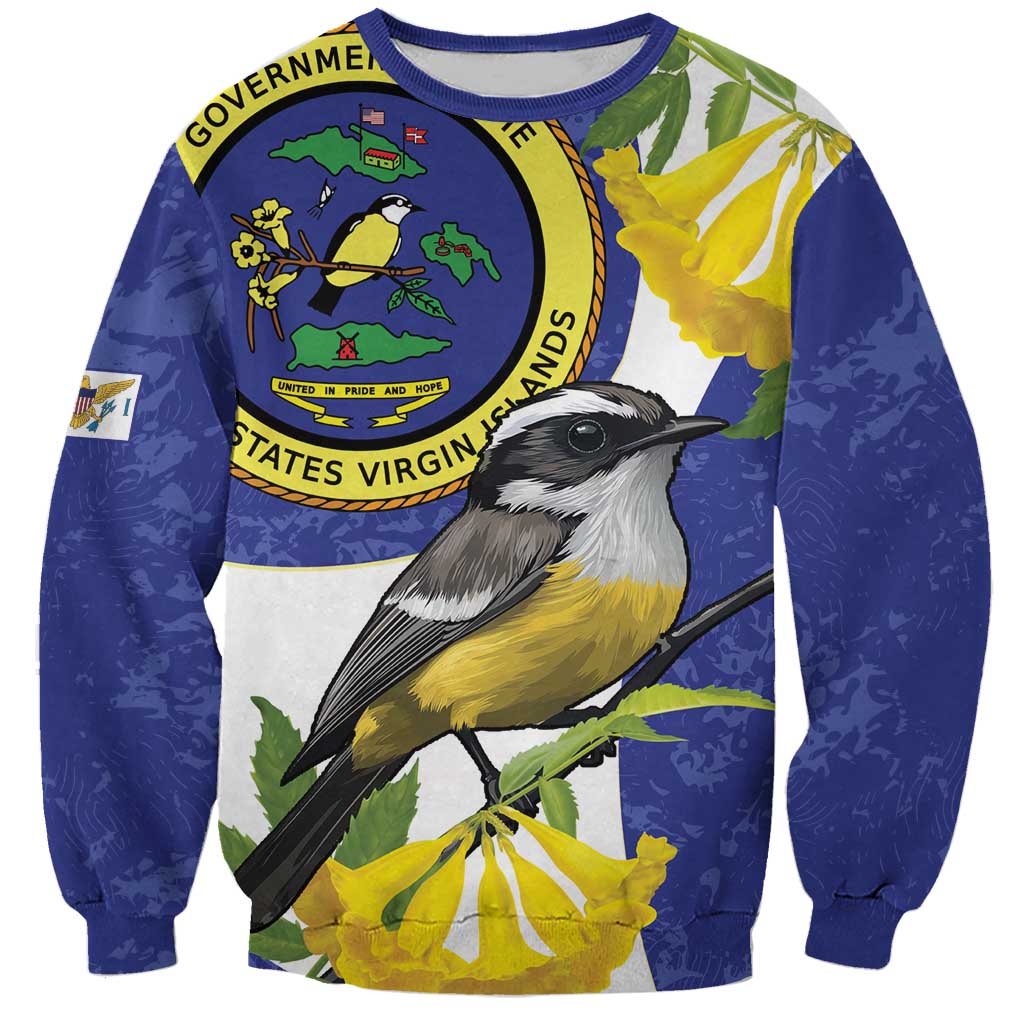 Blue unisex sweatshirt with large bird graphic and yellow-green tropical flowers