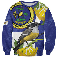 Blue unisex sweatshirt with large bird graphic and yellow-green tropical flowers