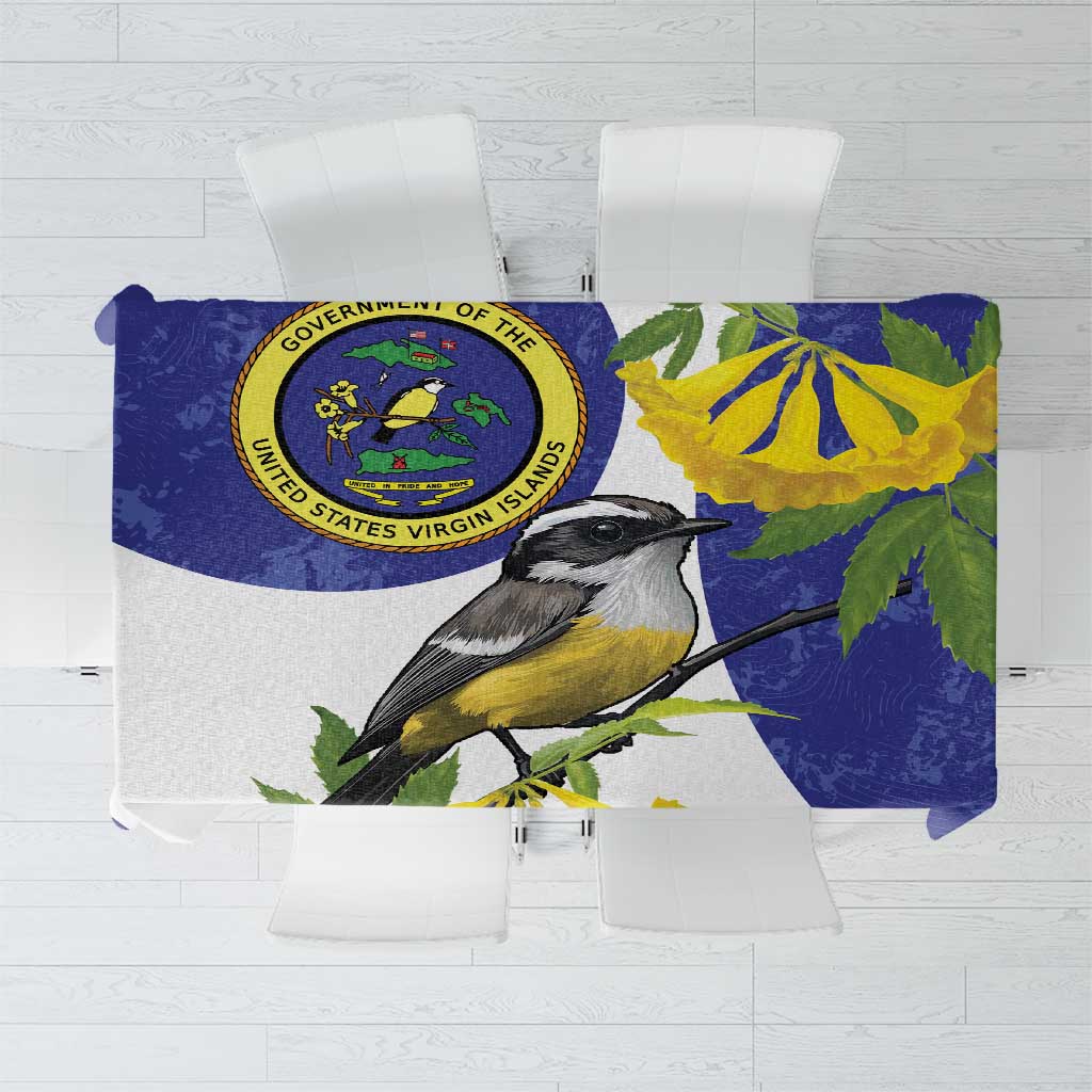 Blue and white tablecloth with perched bird and tropical flower print