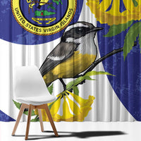 Blue curtain close-up with black-and-white bird, yellow blooms, and green leaves