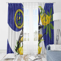 Blue window curtain with Bananaquit bird design, yellow blooms, green leaves, and seal
