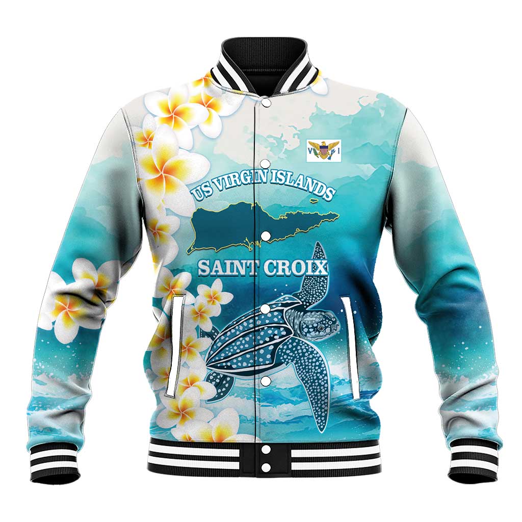 Turquoise baseball jacket with whale graphic, plumeria flowers, ribbed collar and zip front