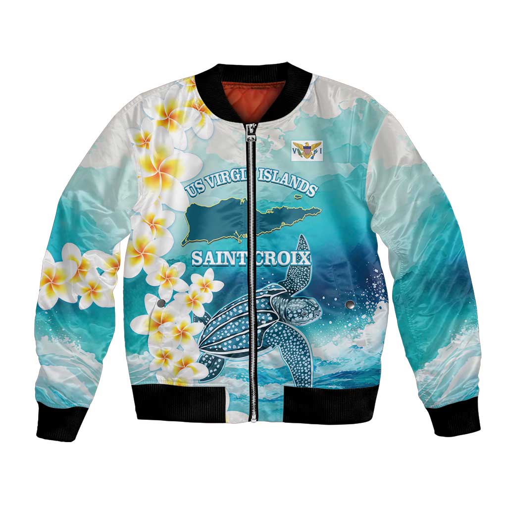 Turquoise and white unisex bomber jacket with front zipper, plumeria flowers, sea turtle graphic