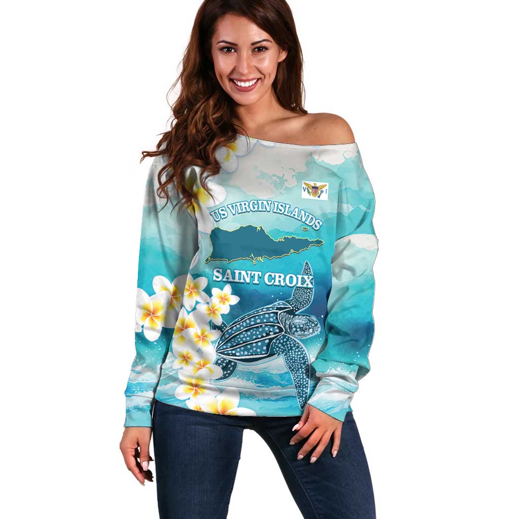 US Virgin Islands St Croix Off Shoulder Sweater Twin City Leatherback With Plumeria