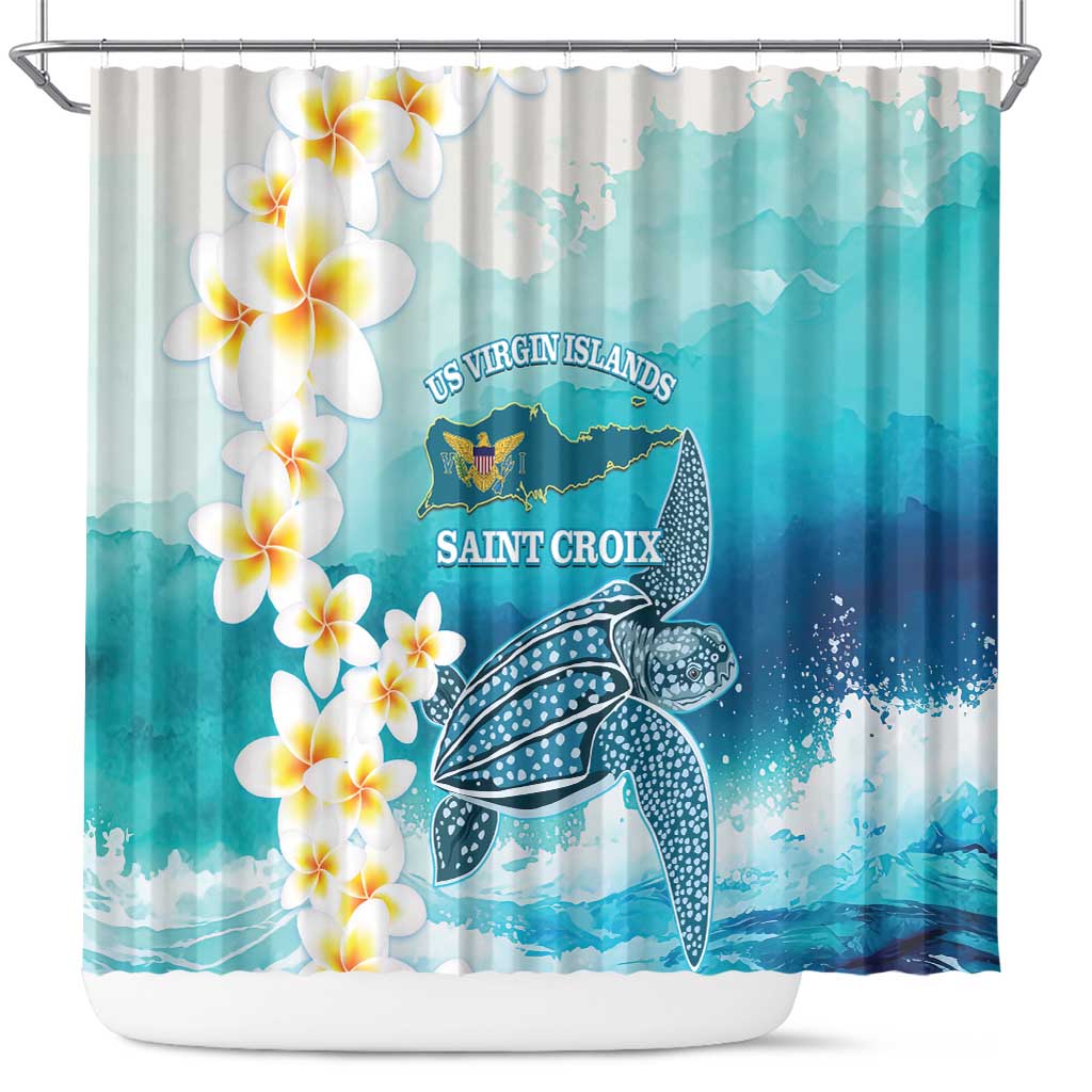 Turquoise shower curtain with white plumeria flowers and Saint Croix sea turtle graphic