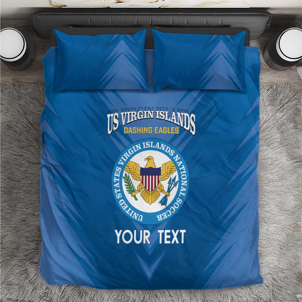 Blue bedding set with US Virgin Islands emblem, 'YOUR TEXT', and two matching pillowcases