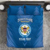 Blue bedding set with US Virgin Islands emblem, 'YOUR TEXT', and two matching pillowcases