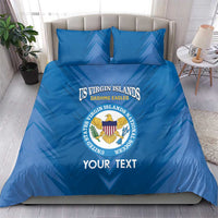 Blue duvet cover bedding set with US Virgin Islands crest and 'YOUR TEXT' on center
