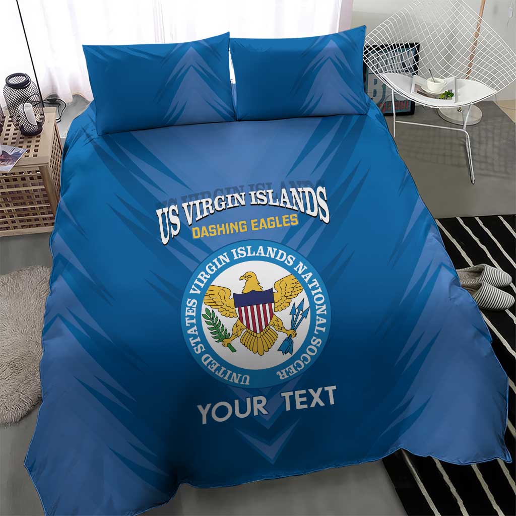 Blue bedding set with US Virgin Islands emblem and 'YOUR TEXT' printed on duvet