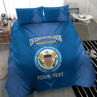 Blue bedding set with US Virgin Islands emblem and 'YOUR TEXT' printed on duvet