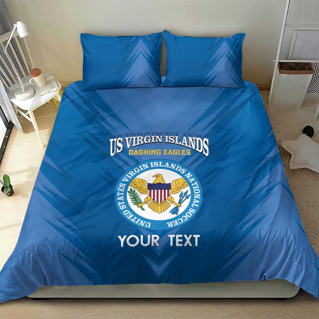 Blue duvet cover bedding set with US Virgin Islands crest and 'YOUR TEXT' text