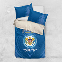 Blue and white bedding set with US Virgin Islands emblem and 'YOUR TEXT' on duvet